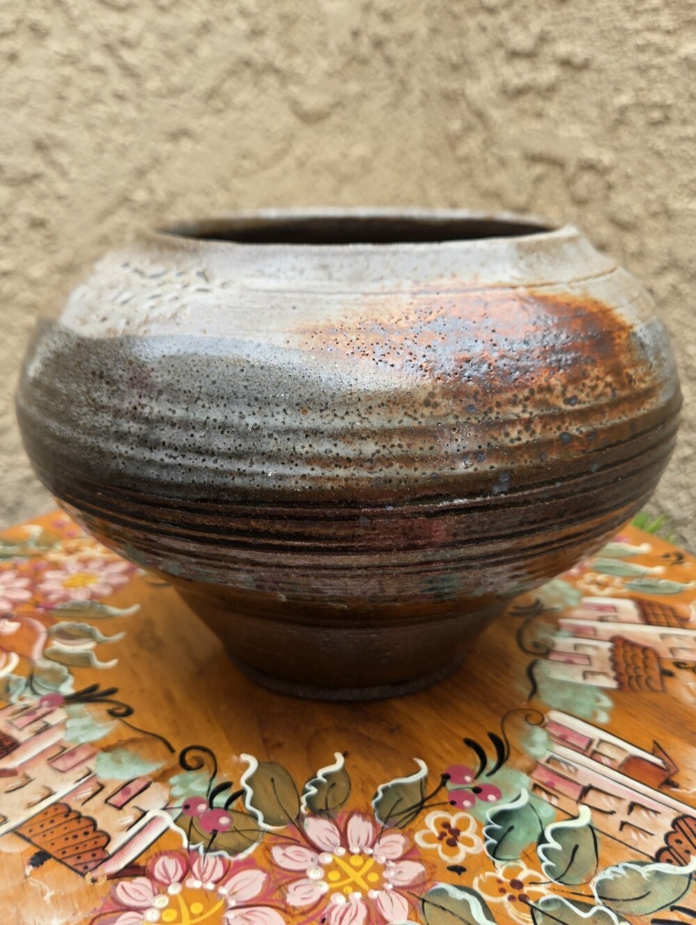 VTG California Studio Art Pottery Vase Signed WF Brown Stoneware Squat Vessel